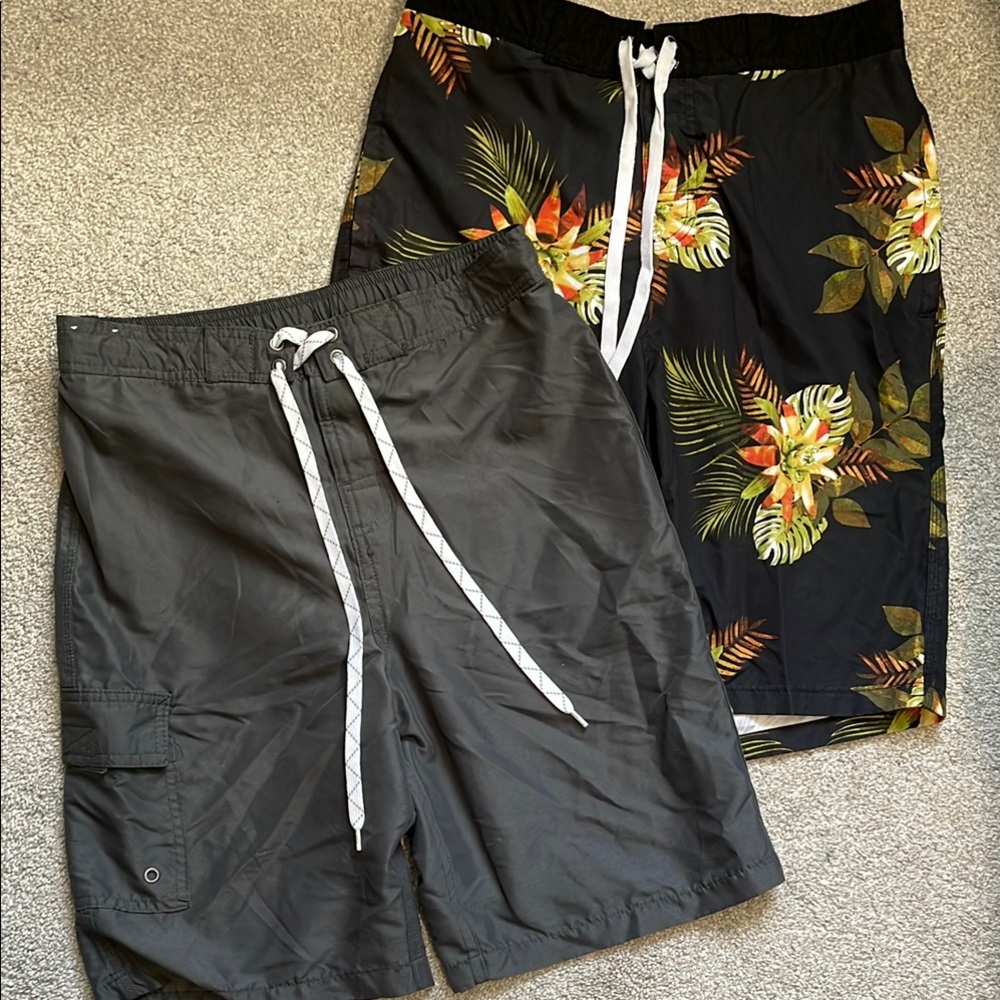 Merona (Target) Swim Trunks - Bundle of 2 - Floral/Black and Grey